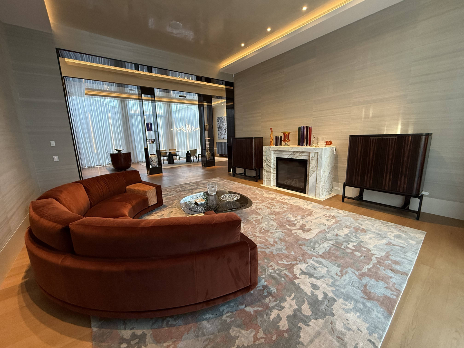 Formal living room with marble fireplace